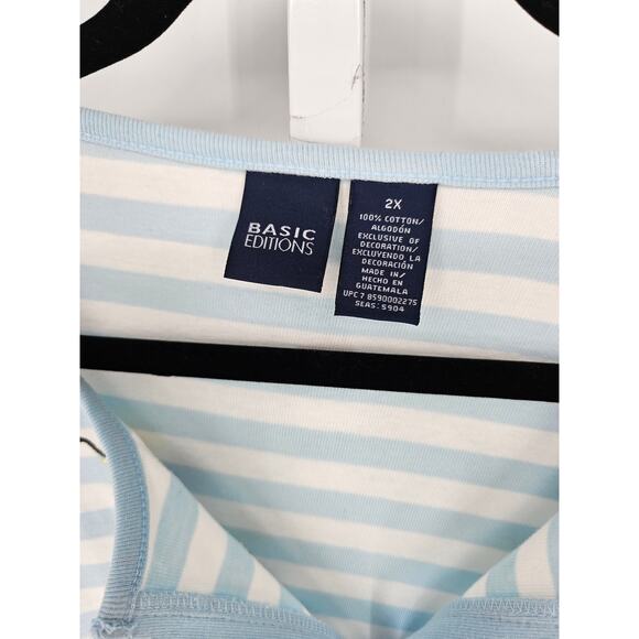Basic Editions Women's Blue White Striped V-neck Embroidered T-shirt Top Size 2X - Picture 3 of 4